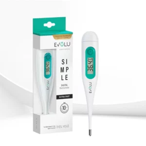 Evolu Simple elektroninis termometras su kompaktišku dizainu, skirtas greitiems ir tiksliai temperatūros matavimams.