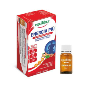 Equilibra Energia Piu skystas energijos papildas su magniu, vitaminu C, B12, ženšeniu ir guarana, 10x15 ml