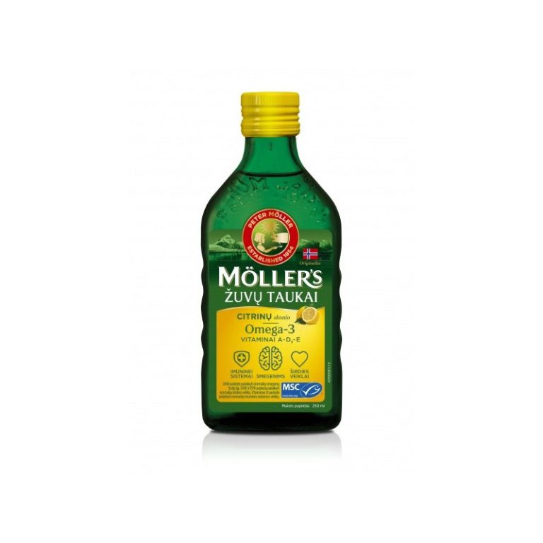 Möller’s Omega-3 citrinų skonio skysti žuvų taukai 250 ml buteliukas