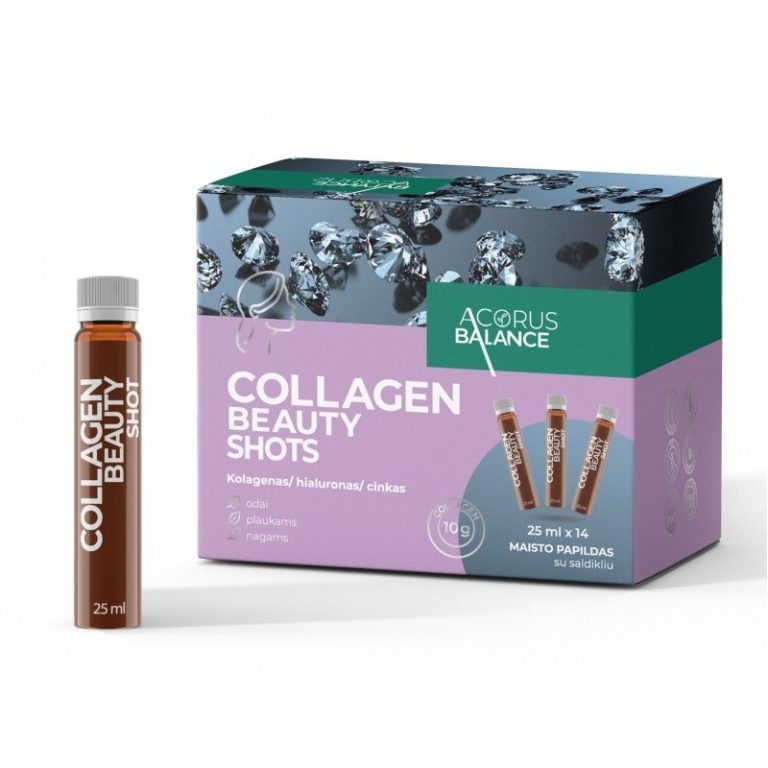 Acorus Balance Collagen Beauty Shots maisto papildas – 14 kolageno buteliukų odai, plaukams ir nagams