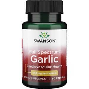 Česnakas 400 mg 60 kapsulių Swanson – grynas Allium sativum milteliai be kvapo širdžiai, imunitetui.