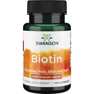 Biotinas 5000 mcg 100 kapsulių Swanson – natūralus B7 vitaminas plaukams, odai ir energijai, JAV gamyba