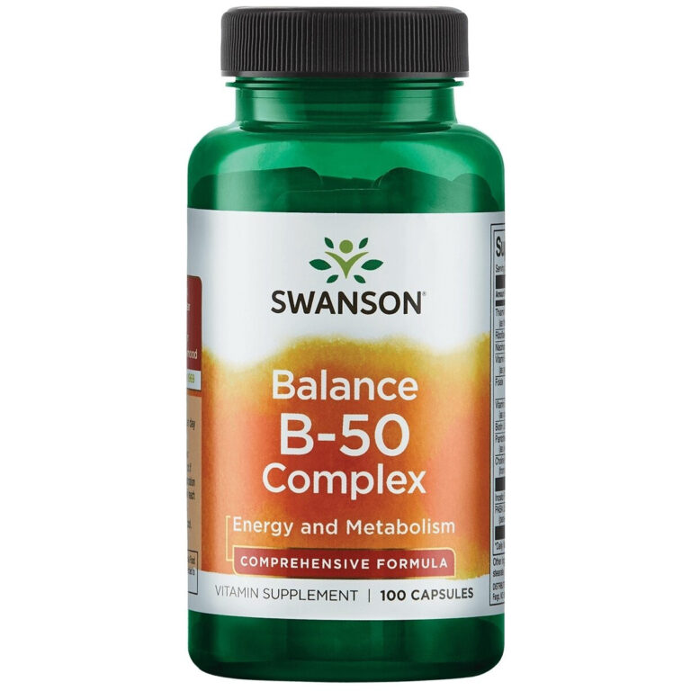 Vitamino B kompleksas Balance B-50 100 kapsulių Swanson – 8 B vitaminai energijai ir mažinti nuovargį, JAV gamyba
