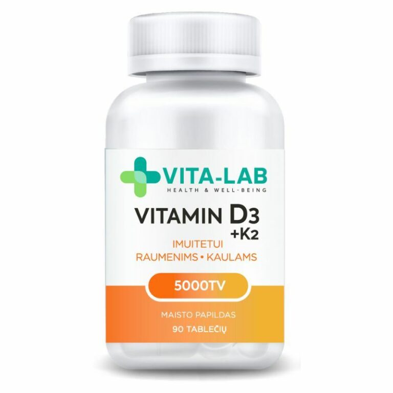 VITA-LAB Vitaminas D3 5000 IU su K2 200 mcg – 90 tablečių pakuotė
