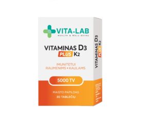 VITA-LAB Vitaminas D3 5000 IU su K2 200 mcg – 30 tablečių pakuotė