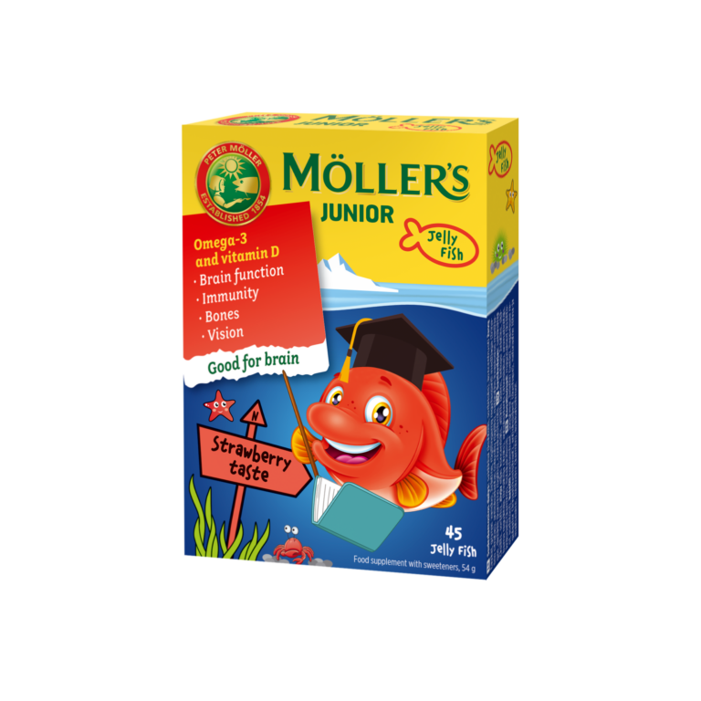 Möller’s Junior kramtomos žuvelės braškių skonio 45 vnt. pakuotė