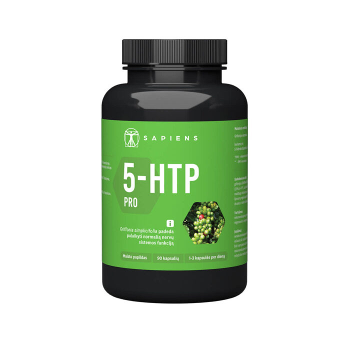 Sapiens-5-HTP-PRO-90-kapsuliu SAPIENS 5-HTP PRO, 90 kapsulių pakuotė – natūralus maisto papildas su 100 mg 5-HTP nervų sistemai ir miegui