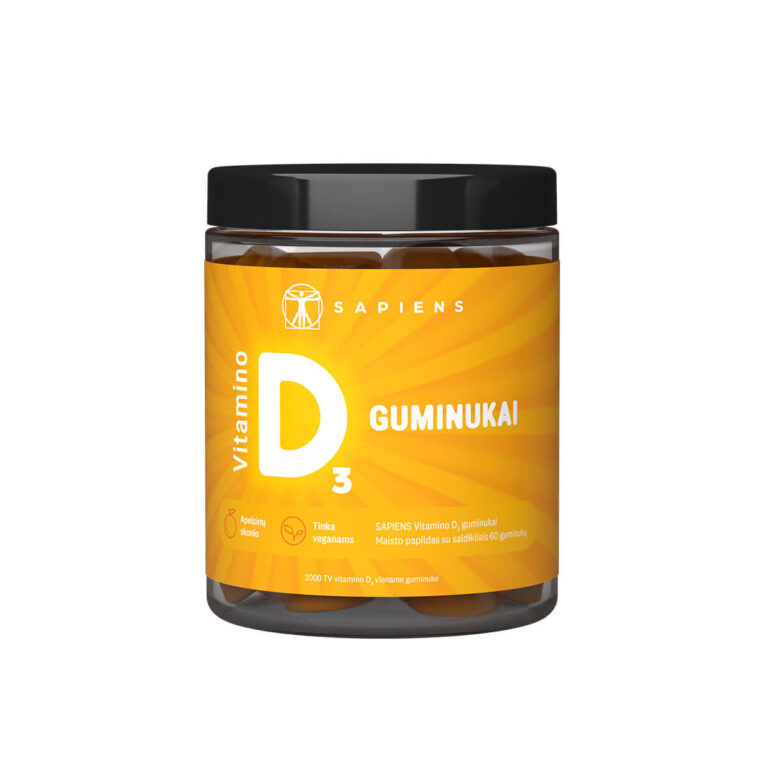 Sapiens Vitamino D3 guminukai 2000 TV, 60 vnt. pakuotė, apelsinų skonio, natūralūs, veganiški, imunitetui ir kaulams
