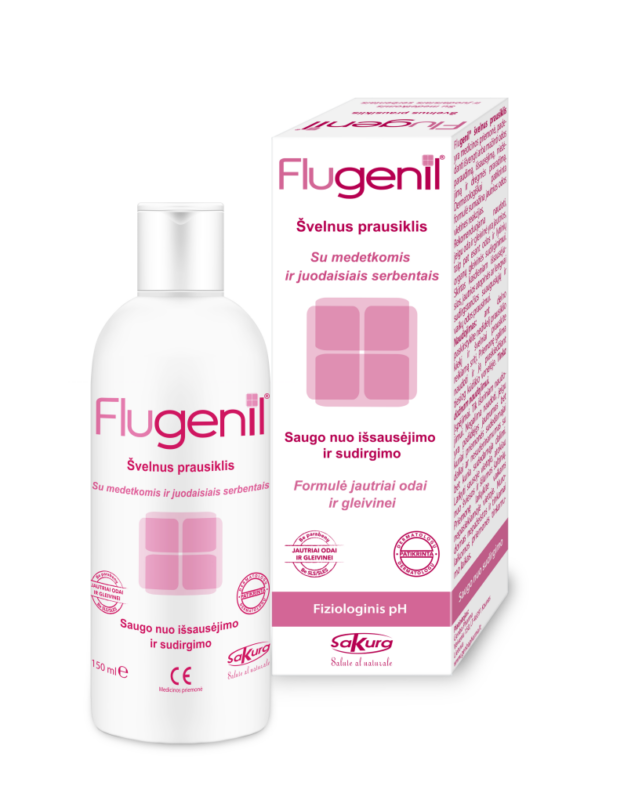 Flugenil-svelnus-jautrios-odos-prausiklis Flugenil švelnus prausiklis 150 ml, kasdieniam jautrios odos ir gleivinės prausimui.