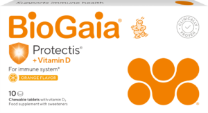 BioGaia Protectis Lactobacillus reuteri kramtomosios tabletės su vitaminu D3, apelsinų skonio