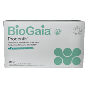 BioGaia ProDentis 30 mėtinių čiulpiamų probiotinių pastilių pakuotė, skirta burnos mikroflorai ir dantų sveikatai palaikyti suaugusiems ir vaikams nuo 6 metų.