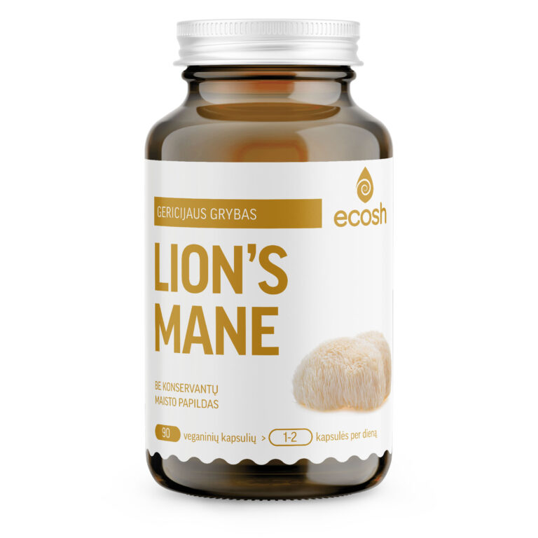 Ecosh Lion’s Mane 90 kapsulių – natūralus Hericium erinaceus grybas polisacharidams ir nervų sistemai, vegan, Estija