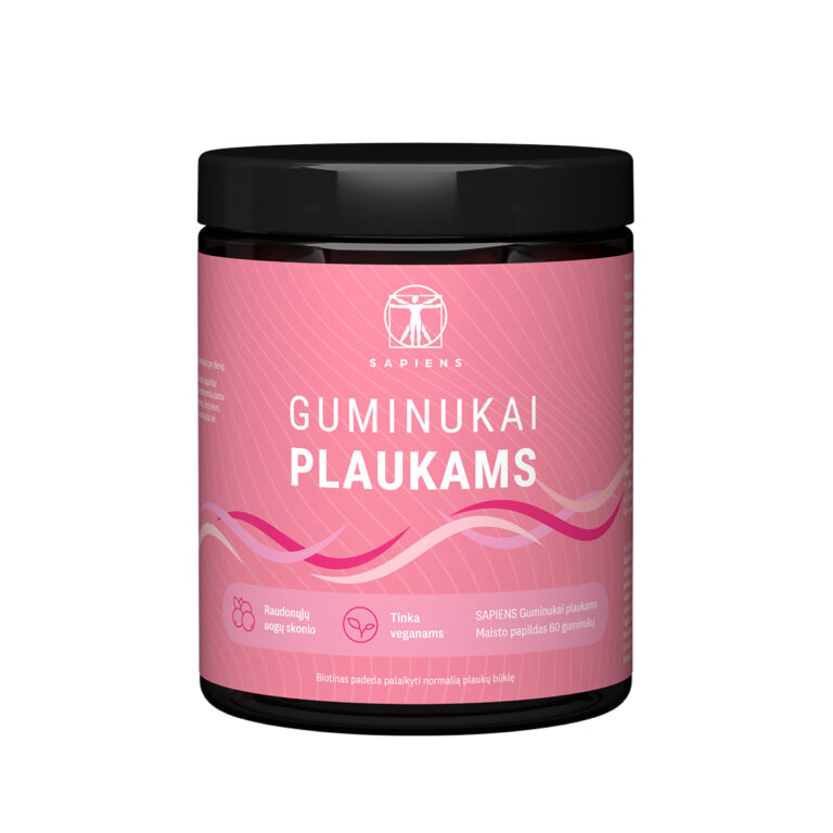 Sapiens guminukai plaukams 60 vnt. pakuotė su braškių skoniu, natūralūs vitaminai ir kolagenas plaukų stiprinimui ir augimui