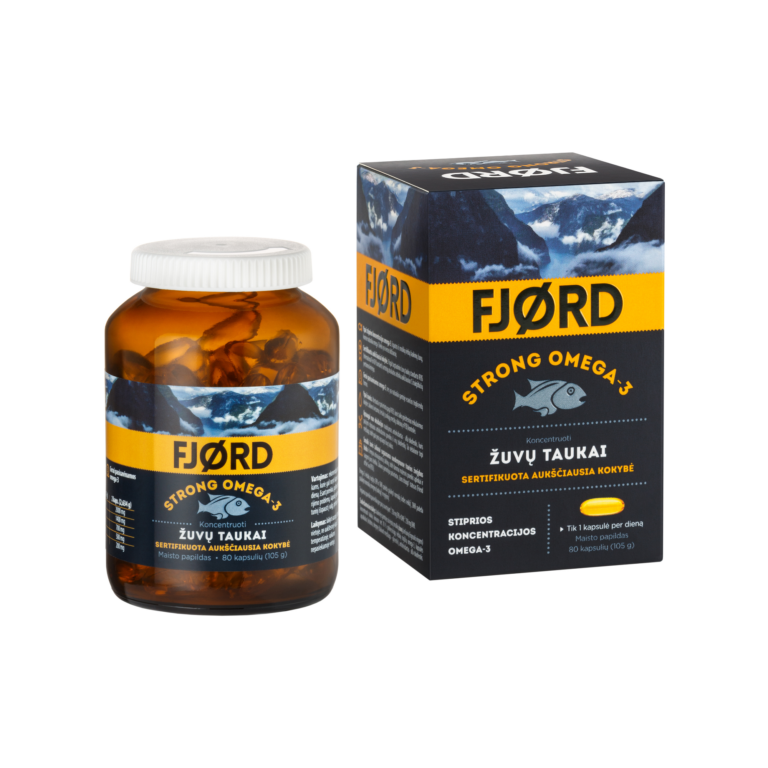 FJORD Strong Omega-3 Žuvų Taukai 80 kapsulių – koncentruotos omega-3 kapsulės su EPR ir DHR