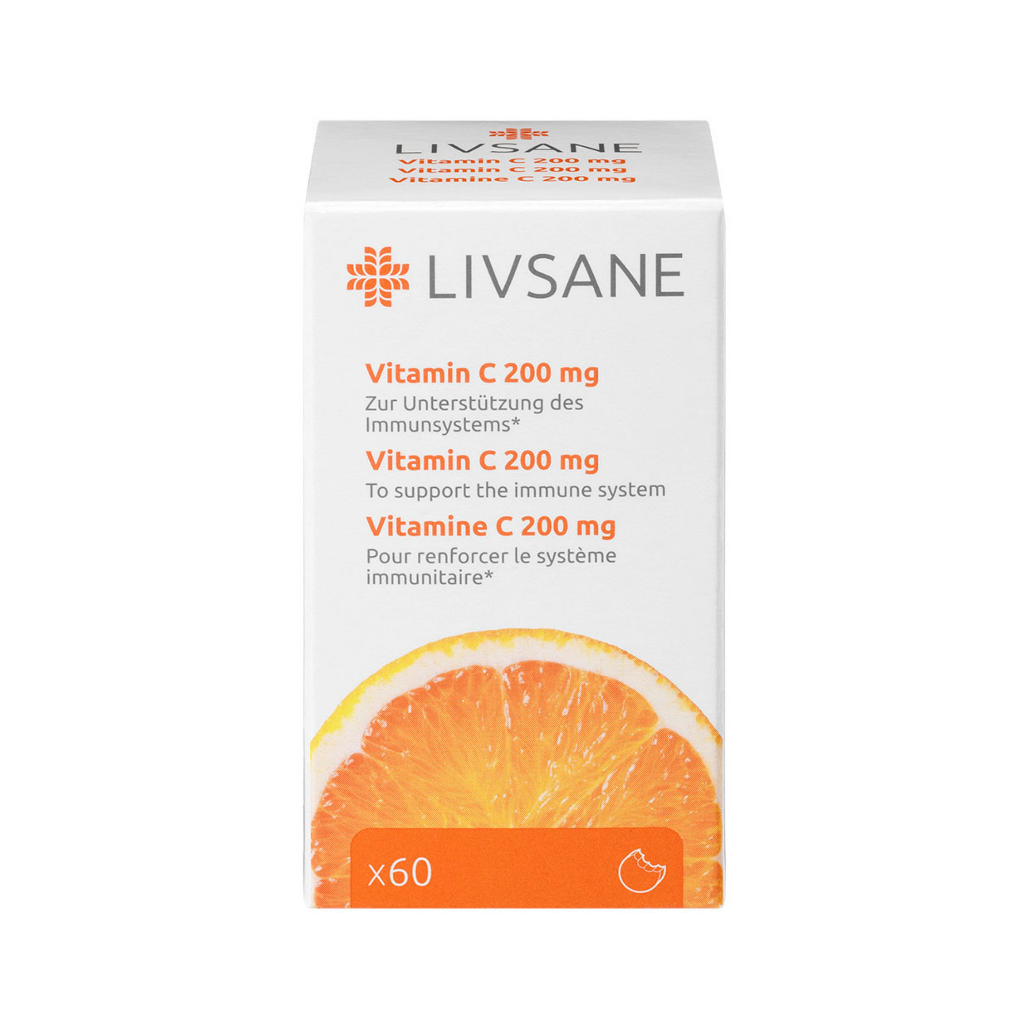 10010088-LIVSANE-Vitamin-C-200mg-frontal-12.png LIVSANE 200 mg Vitaminas C, 60 kramtomųjų tablečių - Image 1