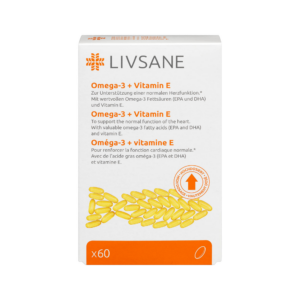Livsane OMEGA‑3 + Vitaminas E žuvų taukai N60 – maisto papildas su EPA, DHA ir vitaminu E širdies, kraujagyslių ir nervų sistemai