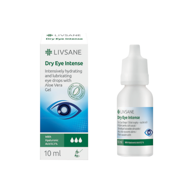 Livsane DRY EYE INTENSE akių lašai – natūralus drėkinimas sausoms ir nuvargusioms akims su hialurono rūgštimi ir alavijų geliu