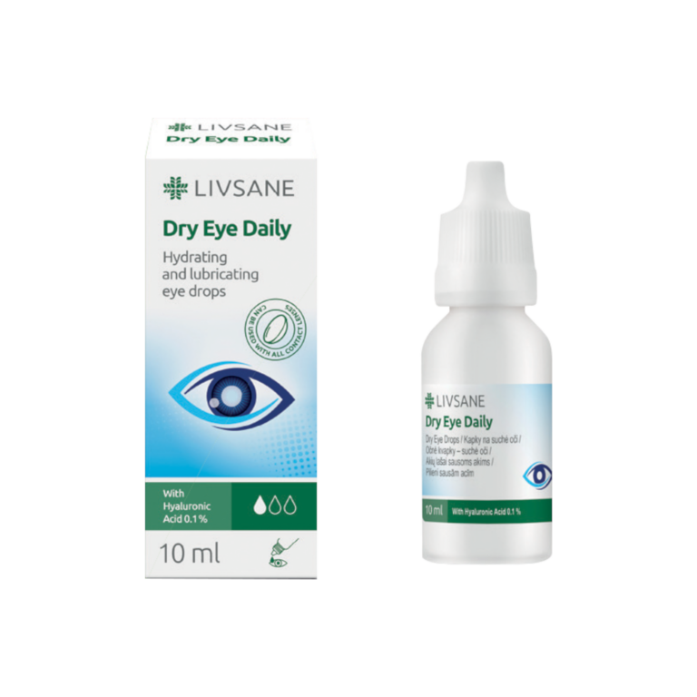Livsane Dry Eye Daily akių lašų 10 ml pakuotė, skirta kasdieniam sausų akių drėkinimui, su hialurono rūgštimi, be dirgiklių, tinka kontaktiniams lęšiams.