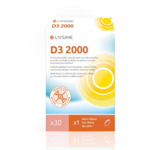 Livsane D3 2000 kapsulių pakuotė, 30 vnt., su 50 μg vitamino D3 imunitetui ir kaulų sveikatai