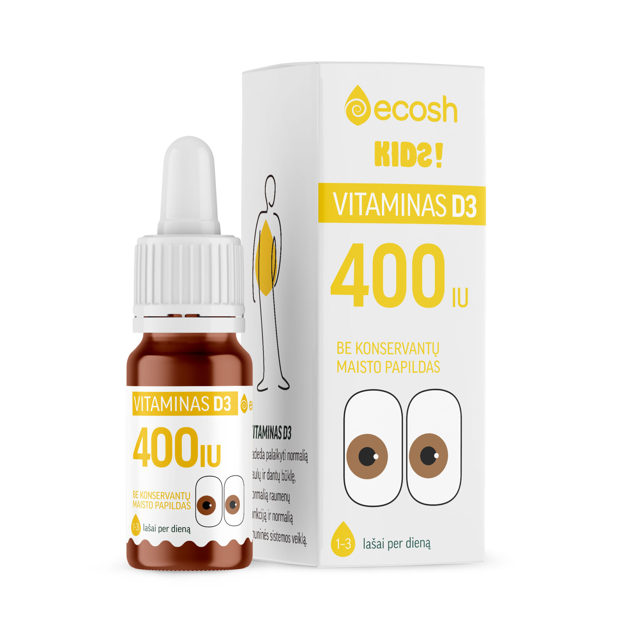 GELTONA D3-400_Vaikaims-drops ECOSH Kids Vitaminas D3 su kokosų aliejumi 400 IU, 10ml - Image 1