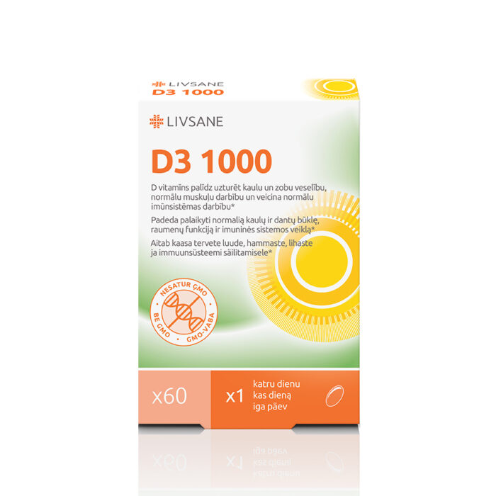 Livsane-vitaminas-D3-1000-60 LIVSANE vitaminas D3 1000TV, 60 kapsulių - Image 1