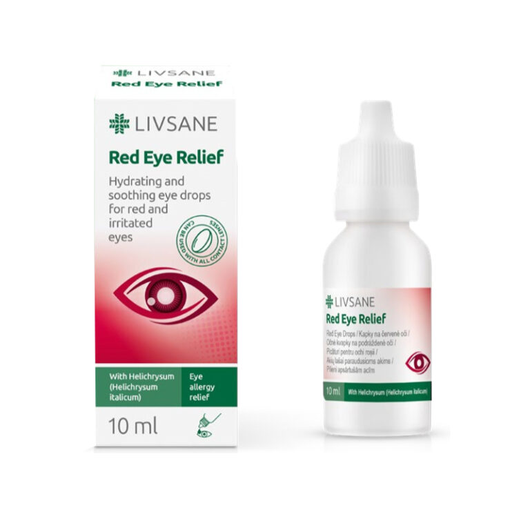 Livsane Red Eye Relief akių lašų 10 ml pakuotė, skirta greitam akių raudonumo mažinimui ir drėkinimui, su tetrahidrozolino hidrochloridu ir natrio hialuronatu.