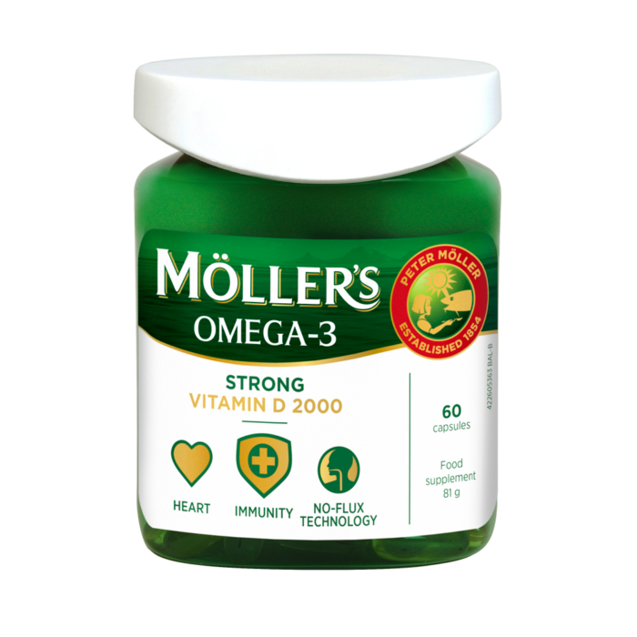 Mollers-STRONG-zuvu-taukai-su-vitaminu-D MOLLER'S OMEGA-3 STRONG žuvų taukai ir Vitaminas D 2000, 60 kapsulių - Image 1