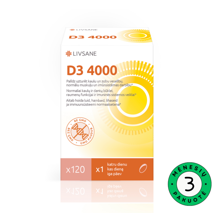 Livsane-vitaminas-d3-4000-120 Livsane Vitamin D3 4000 IU kapsulės N120 – stiprus vitaminas D3 imunitetui, kaulams ir raumenims