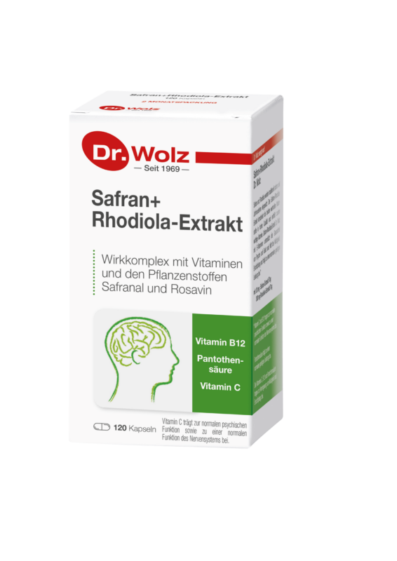 šafranas-rhodiola-ektraktas-dr.wolz Dr. Wolz Safran + Rhodiola Extract 120 kapsulių – šafrano ir rodiolos ekstraktas su vitaminais nuovargiui mažinti