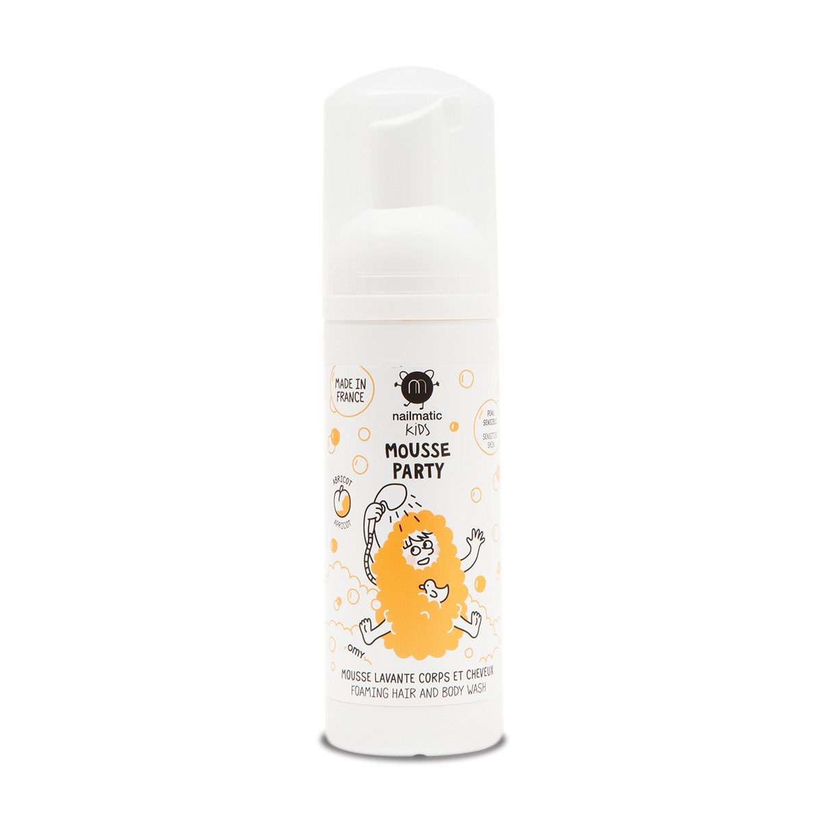 mousse-party-apricot-hair-body-foam-1200x1200 Nailmatic putojantis plaukų ir kūno prausiklis KIDS APRICOT Mousse Party Foaming Hair & Body Wash, 150 ml - Image 1