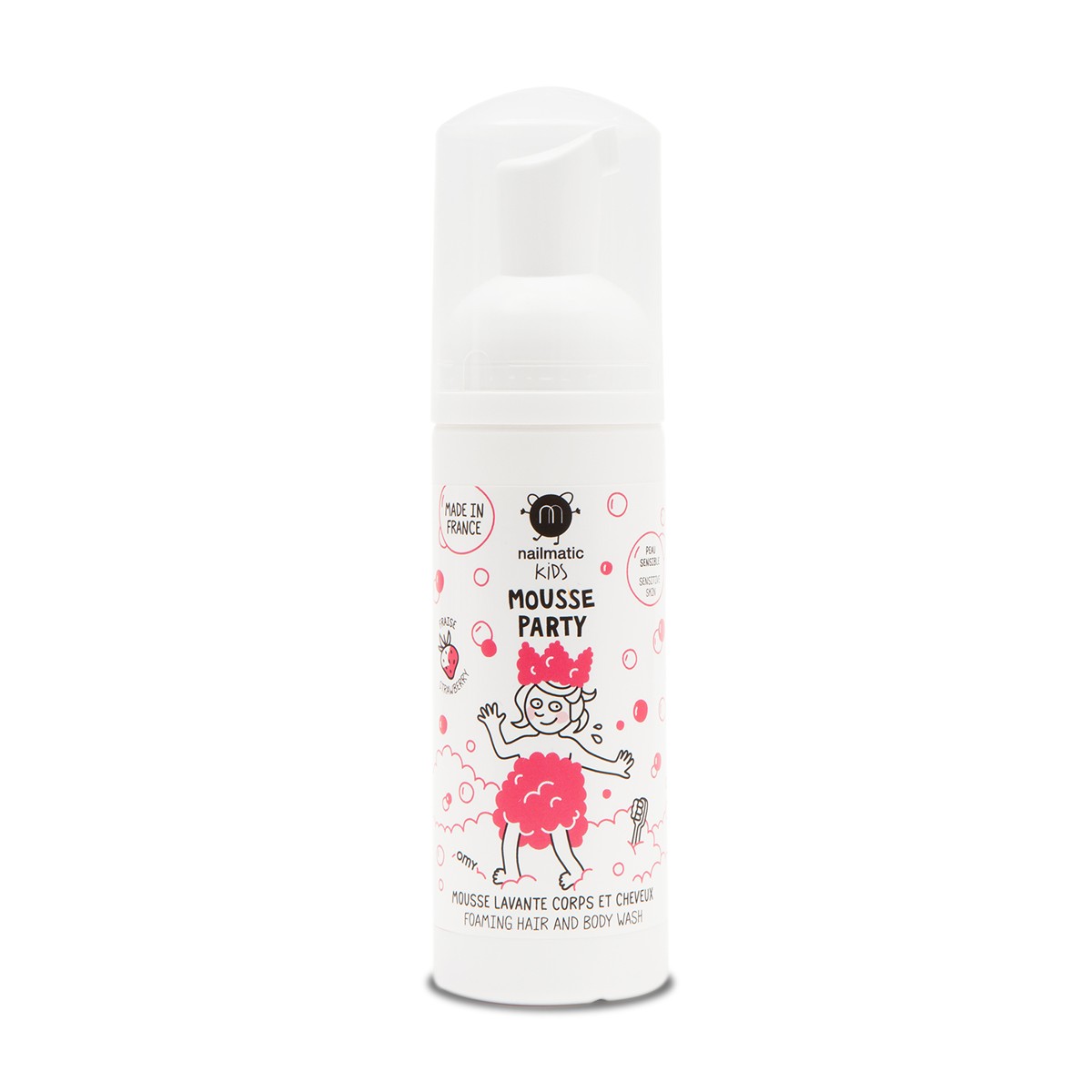 mousse-party-strawberry-hair-body-foam-1200x1200 Nailmatic putojantis plaukų ir kūno prausiklis KIDS STRAWBERRY Mousse Party Foaming Hair & Body Wash, 150 ml - Image 1