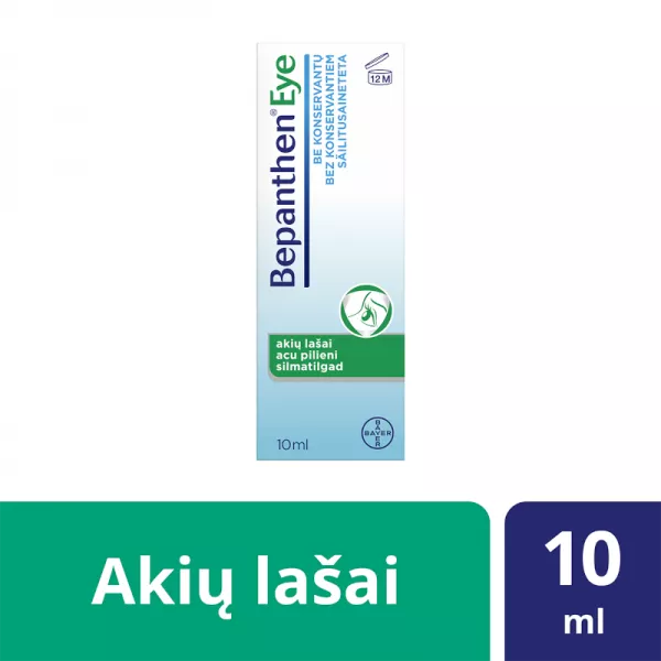 bepanthen-eye-akiu-lasai-10-ml Bepanthen Eye akių lašų 10 ml pakuotė, skirta sausoms ir sudirgusioms akims drėkinti bei apsaugoti, su natrio hialuronatu ir dekspantenoliu.