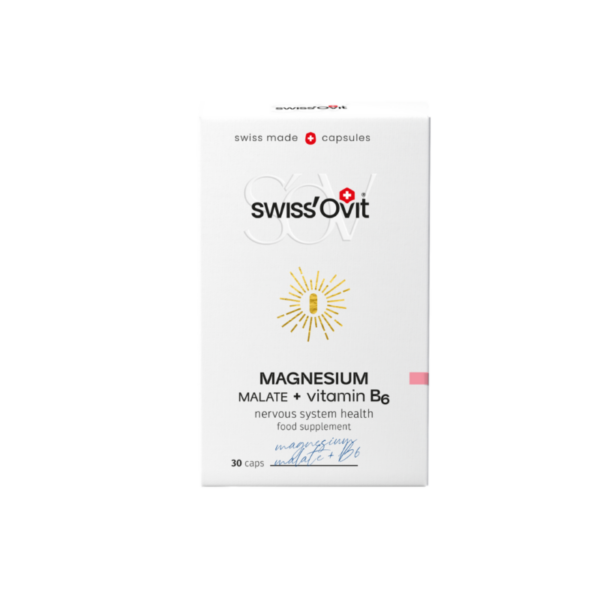 Magnio_malatas_B6_nervu_sistemai SwissOVIT Magnio Malatas + Vitaminas B6 – papildas energijai, miegui ir nervų sistemai