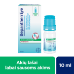 Bepanthen Eye Intensive akių lašų 10 ml pakuotė, skirta intensyviam labai sausų akių drėkinimui ir apsaugai, su dekspantenoliu, fosfolipidais, vitaminais A ir E.