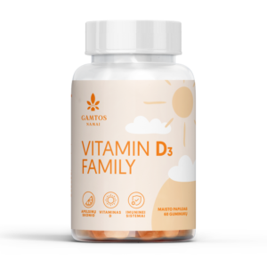 Gamtos Namai Vitaminas D3 2000 Family, 60 pektininių guminukų pakuotė – natūralus vitaminas D3 šeimai ir imunitetui