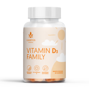 Gamtos Namai Vitaminas D3 2000 Family, 60 pektininių guminukų pakuotė – natūralus vitaminas D3 šeimai ir imunitetui