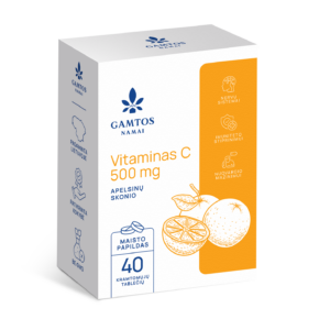 Vitaminas C 500 mg, 40 kramtomųjų tablečių pakuotė – apelsinų skonio maisto papildas imuninei sistemai ir energijai