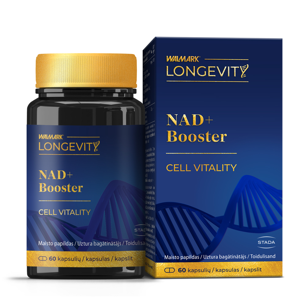 Walmark-Longevity-NAD-mockup-bottle-pack-NEW-WEB WALMARK LONGEVIT NAD+ Booster, 60 kapsulių - Image 1